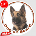 Long hair German Shepherd, circle sticker "Dog on board" 15 cm, car decal label