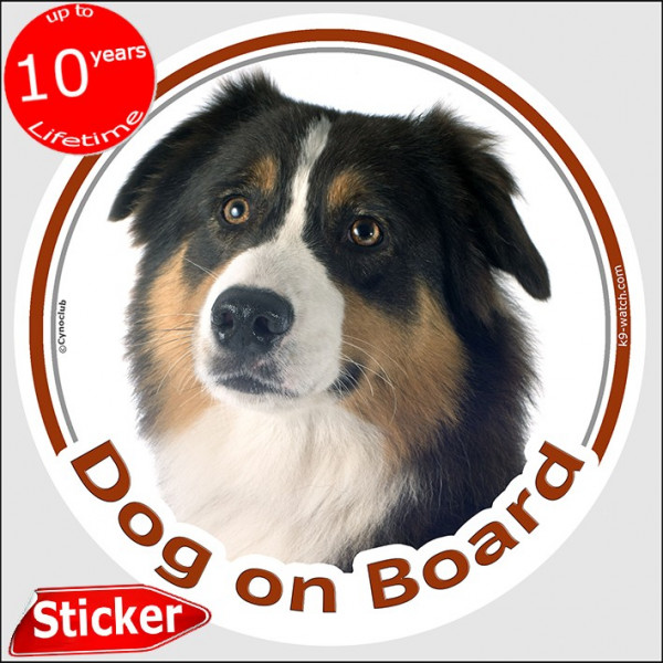 Black Tricolour Australian Shepherd, circle sticker "Dog on board" 15 cm, car decal label aussie photo notice adhesive