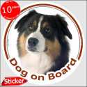 Black Tricolor Aussie, circle sticker "Dog on board" 15 cm, car decal label