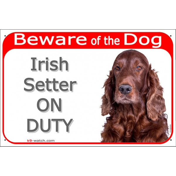 Red Portal Sign "Beware of the Dog, Irish red Setter on duty" 24 cm, gate plate photo notice