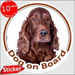 Red Irish Setter, circle sticker "Dog on board" 15 cm, car decal label adhesive photo notice glass