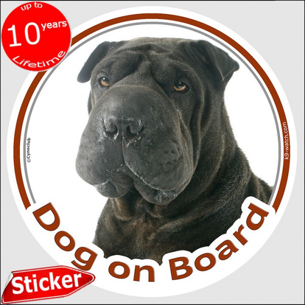 Black Shar-Peï, circle sticker "Dog on board" 15 cm, car decal label adhesive photo notice