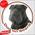Black Shar-Peï, circle sticker "Dog on board" 15 cm, car decal label