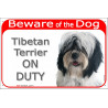 Red Portal Sign "Beware of the Dog, Tibetan Terrier on duty" 24 cm, gate plate black and white long haired Tsang Dokhi Apso