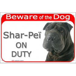 Red Portal Sign "Beware of the Dog, black Shar-Peï on duty" 24 cm, gate plate photo notice