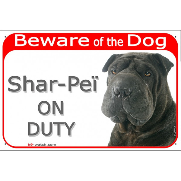 Red Portal Sign "Beware of the Dog, black Shar-Peï on duty" gate plate photo notice