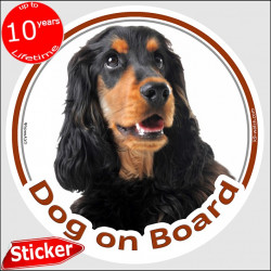 English Cocker black & tan, circle sticker "Dog on board" 15 cm, car decal label adhesive photo notice