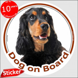 English Cocker black & tan, circle sticker "Dog on board" 15 cm, car decal label