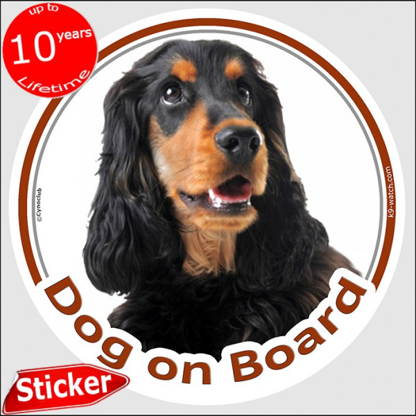 English Cocker black & tan, circle sticker "Dog on board" 15 cm, car decal label adhesive photo notice