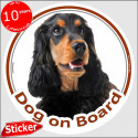 English Cocker black & tan, circle sticker "Dog on board" 15 cm, car decal label