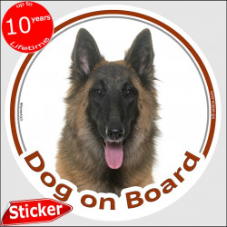 Circle sticker "Dog on board" 15 cm, Belgian Tervuren Shepherd Head, car decal label photo notice