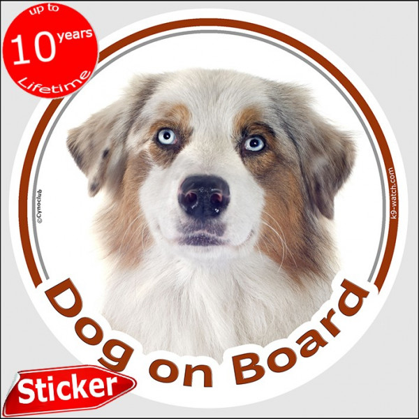 White and red merle Aussie, circle car sticker "Dog on board" 15 cm, decal adhesive photo notice Australian Shepherd