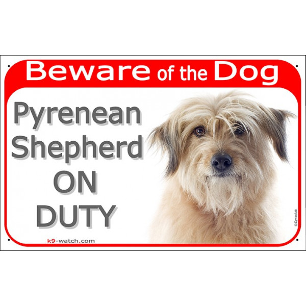 Red Portal Sign "Beware of the Dog, grey Pyrenean Shepherd on duty" 24 cm, gate plate photo notice brown creme Labrit