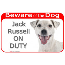 Red Portal Sign "Beware of the Dog, smooth white Jack Russell on duty" 24 cm, gate sign photo notice