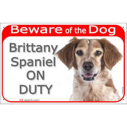 Red Portal Sign "Beware of the Dog, Brittany Spaniel on duty" 24 cm