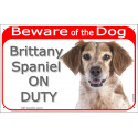 Red Portal Sign "Beware of the Dog, Brittany Spaniel on duty" 24 cm