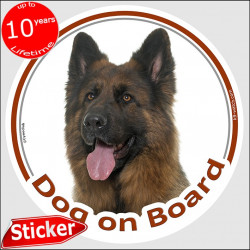Long hair German Shepherd, circle sticker "Dog on board" 15 cm, car decal label photo adhesive notice
