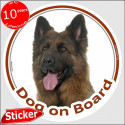 Long hair German Shepherd, circle sticker "Dog on board" 15 cm, car decal label