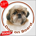 red & white Shih Tzu, circle car sticker "Dog on board" 15 cm