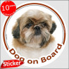 Circle sticker "Dog on board" 15 cm, red & white Shih Tzu Head, decal adhesive car label
