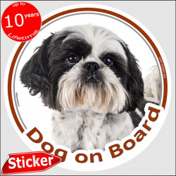 Black & white Shih Tzu, circle car sticker "Dog on board" 15 cm decal adhesive photo notice label