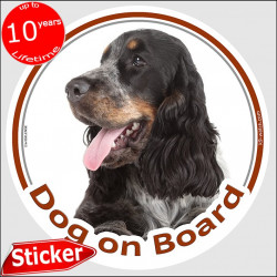 English Cocker blue roan tan, circle sticker "Dog on board" 15 cm, car decal label adhesive photo notice British Spaniel