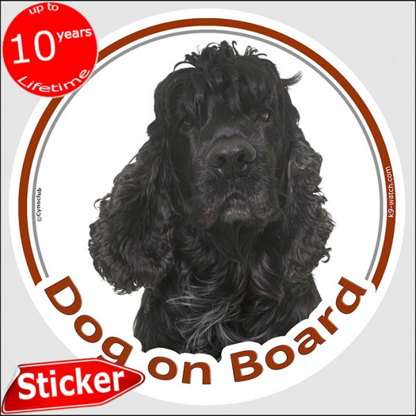 Black American Cocker Spaniel, car circle sticker "Dog on board" 15 cm, decal adhesive photo notice
