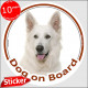 White German Shepherd, car circle sticker "Dog on board" 15 cm, decal adhesive notice label American Canadian