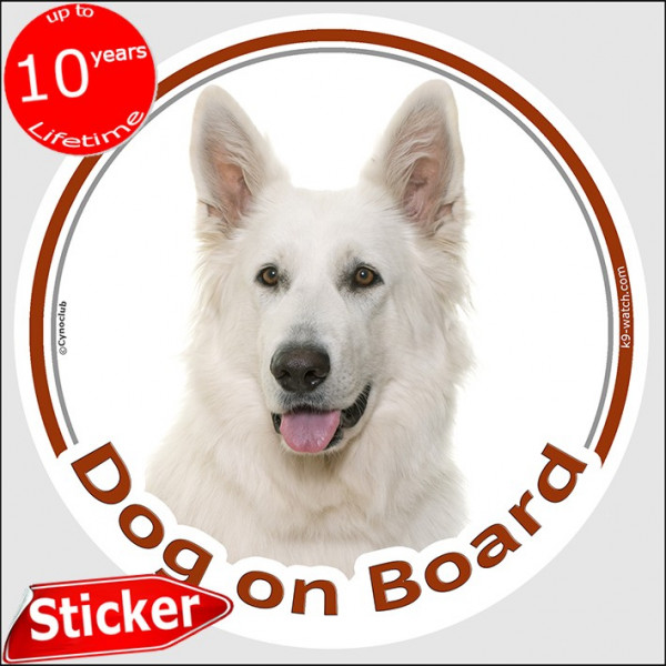 White German Shepherd, car circle sticker "Dog on board" 15 cm, decal adhesive notice label American Canadian