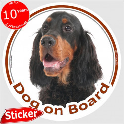 Black & tan Setter Gordon, circle sticker "Dog on board" 15 cm, car decal label adhesive photo notice