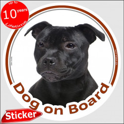 Black Staffie, car circle sticker "Dog on board" 15 cm, decal label photo notice Staffordshire Bull Terrier