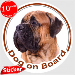 red fawn Bullmastiff, car circle sticker "Dog on board" 15 cm decal label adhesive photo notice