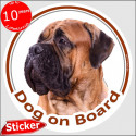 Red fawn Bullmastiff, car circle sticker "Dog on board" 15 cm