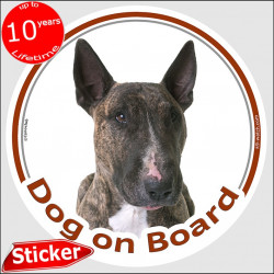 Circle sticker "Dog on board" 15 cm, Brindle English Bull Terrier British photo notice decal label