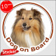 tri-sable & white Rough Collie, car circle sticker "Dog on board" decal label photo adhesive notice