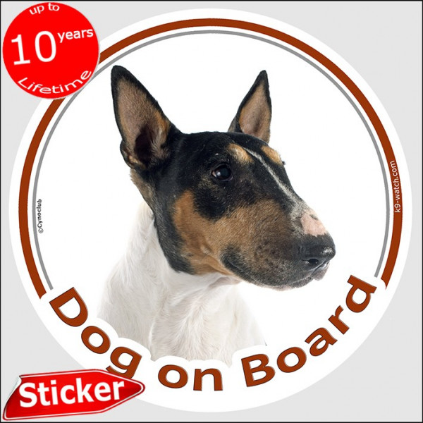Tricolor English Bull Terrier, car circle sticker "Dog on board" 15 cm British Tricolour decal label adhesive photo notice