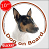 Tricolor English Bull Terrier, car circle sticker "Dog on board" 15 cm British Tricolour decal label adhesive photo notice