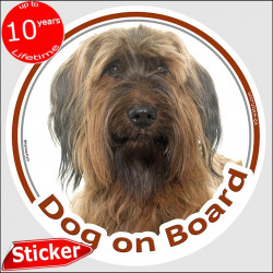 Fawn brown Briard, car circle sticker "Dog on board" 15 cm, berger de Brie decal label adhesive photo notice