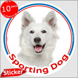 White German Shepherd, circle car sticker "Sporting Dog" 15 cm, decal babel adhesive photo notice agility sport Swiss Canadian S