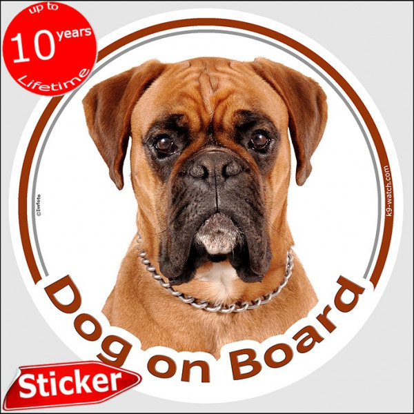 Circle sticker "Dog on board" 15 cm, Fawn German Boxer Head, decal adhesive car label brown orange deutscher photo notice