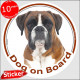 Fawn German Boxer, car circle sticker "Dog on board" decal label adhesive photo notice
