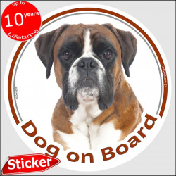 Fawn German Boxer, car circle sticker "Dog on board" decal label adhesive photo notice