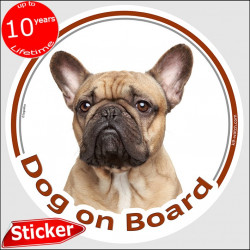 Circle sticker "Dog on board" 15 cm, Fawn French Bulldog Head, decal adhesive car label red Frenchie photo notice