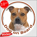 Red fawn Staffie, car circle sticker "Dog on board" 15 cm