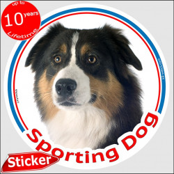 Black tricolour Australian Shepherd, circle car sticker "Sporting Dog" 15 cm, decal label Aussie Adhesive photo notice agility