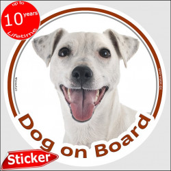 White Jack Russell, circle sticker "Dog on board" 15 cm