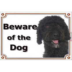 Black Spanish Water Dog head, Gate Sign Beware of the Dog plaque placard panel photo notice