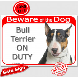 Bull Terrier Head, Gate Plaque "Beware of the Dog on Duty" sign, placard, panel photo notice