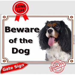 Tricolor Cavalier King Charles, Gate Sign Beware of the Dog plaque placard panel photo notice