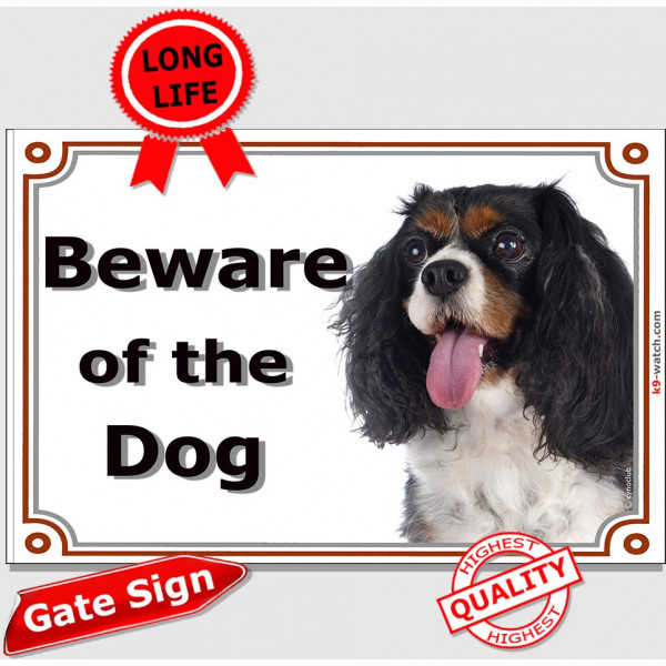 Tricolor Cavalier King Charles, Gate Sign Beware of the Dog plaque placard panel photo notice